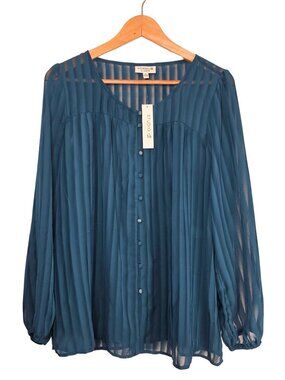 Studio B sheer pleated popover blouse Teal Women's top Size XL by Bobeau
